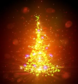 Christmas tree with defocused lights. Red background Stock Illustration