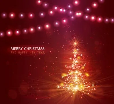 Christmas tree with defocused lights. Red background Stock Illustration