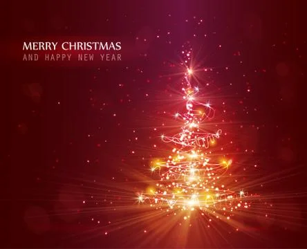 Christmas tree with defocused lights. Red background Stock Illustration
