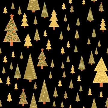 Christmas tree dense seamless pattern. golden christmas background, golden .. Stock Illustration