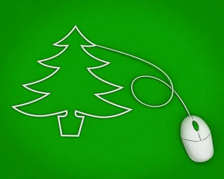 Christmas tree depicted with computer mouse cable over green Illustrazione stock