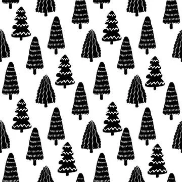 Christmas Tree Doodle Seamless Pattern. Winter Stylized Simple Fir Trees Endless Stock Illustration
