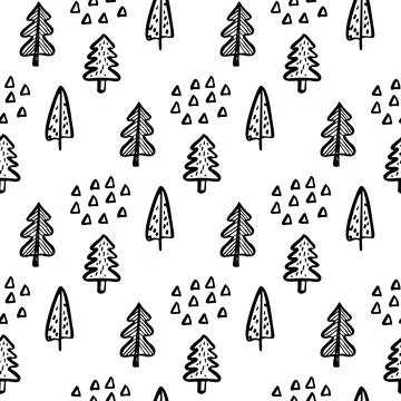 Christmas Tree Doodle Seamless Pattern. Winter Stylized Simple Fir Trees Endless Stock Illustration
