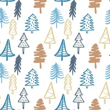 Christmas Tree Doodle Seamless Pattern. Winter Stylized Simple Fir Trees Endless Stock Illustration