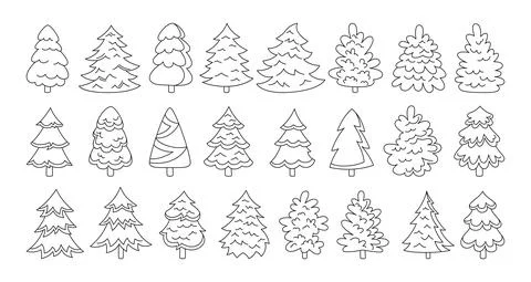 Christmas tree doodle set New Year outline symbol traditional xmas sketch Stock Illustration