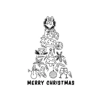 Christmas tree drawn from Christmas elements in linear style for greeting des Stock Illustration