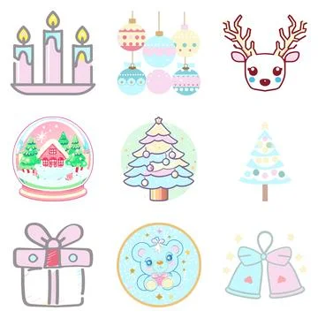 Christmas Tree Element Set of Ornaments Bells Balls Present Gift Candles vector Stock Illustration
