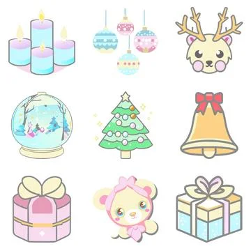 Christmas Tree Element Set of Ornaments Bells Festive Balls Present Gift vector Stock Illustration