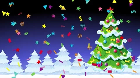 Christmas Tree with Falling Colorful Confetti and Winter Forest Background Stock Footage 342316232
