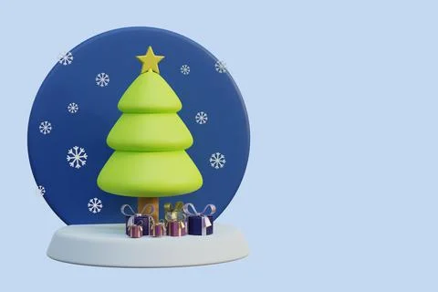 Christmas tree with falling snow and gifts on a stand, 3d render Illustrazione stock