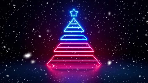 Christmas tree. Falling snowflakes. Minimalistic background. Neon. Stock Footage 271235372