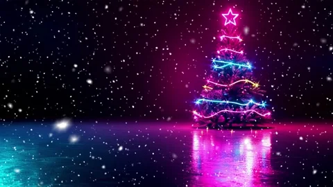 Christmas tree. Falling snowflakes. Minimalistic background. Neon. Stock Footage 271235535