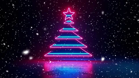 Christmas tree. Falling snowflakes. Minimalistic background. Neon. Stock Footage 271235543