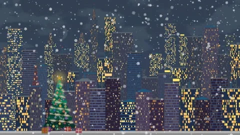 Christmas tree in a festive animated winter scene, gently falling snow over a Stock Footage 345375748