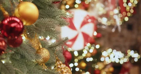 Christmas tree with festive decorations and twinkling lights close-up view Stock Footage 292304785