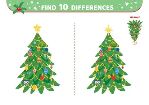 Christmas tree. Find 10 differences. Christmas game. Flat, cartoon, vector Stock Illustration