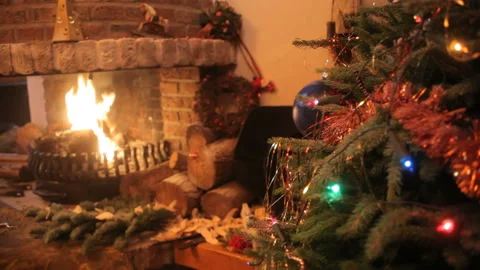 Christmas tree with fireplace - craneshot Stock Footage
