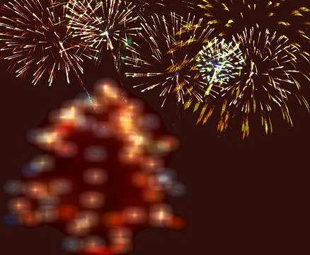 Christmas tree on a fireworks background Stock Photos