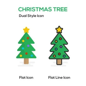 Christmas Tree Flat Icon And Flat Line Icon. Stock Illustration