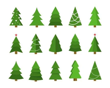 Christmas tree flat icon set. Xmas cartoon craft collection. new year winter  Stock Illustration
