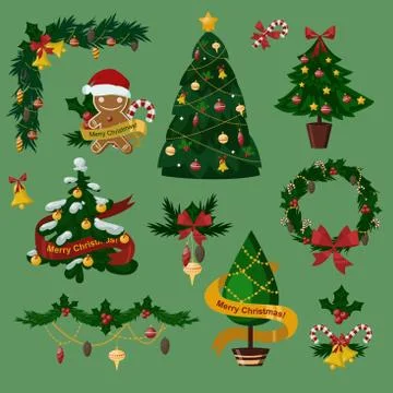Christmas tree flat icons set Stock Illustration