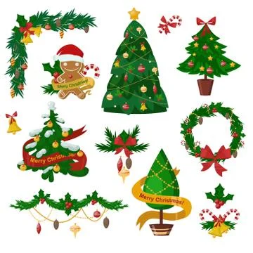 Christmas tree flat icons set Stock Illustration