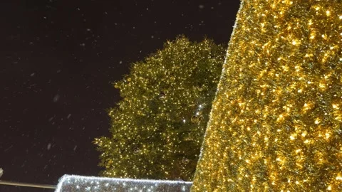 Christmas tree with flickering lights with falling snow at dark sky background Stock Footage 258783443