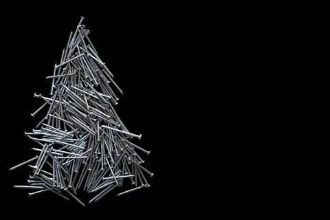Christmas tree folded of construction nails isolated on black background Stock Photos