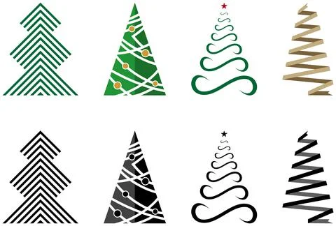 Christmas tree. Four abstract trees in Black and colored. White background. Stock Illustration