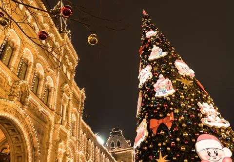 Christmas tree in front of the building Stock Photos