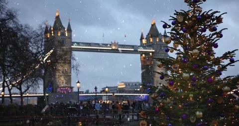 A Christmas Tree in front of the Tower Bridge of London Stock Footage 261039933