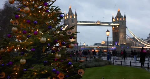 A Christmas Tree in front of the Tower Bridge of London Stock Footage 261040180