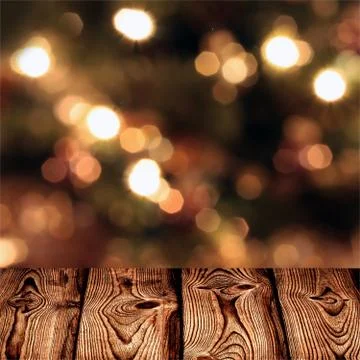 Christmas tree garlands lights empty background 3d. Rustic wooden table. Stock Illustration