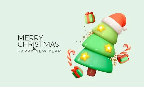 Christmas tree, gift box, candy cane, bright glitter stars, gold confetti. Ch Stock Illustration