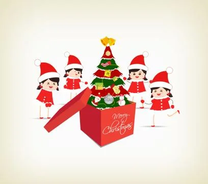 Christmas tree gift boxes and kids greeting card Stock Illustration