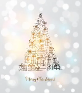 Christmas tree from gift boxes. Christmas card on white glowing background. Illustrazione stock