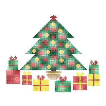 Christmas tree, gift boxes. Embroidery pattern, cross stitch ornament, vector. Stock Illustration