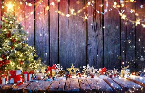 Christmas Tree With Gift Boxes On Rustic Wooden Table Stock Photos