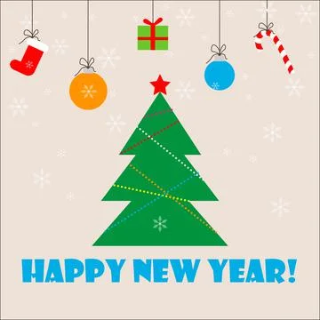 Christmas tree with gift, candy, ball and snowflake. Happy New Year card Stock Illustration