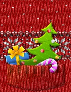 Christmas tree, gift, candy cane in knitted pocket Stock Illustration