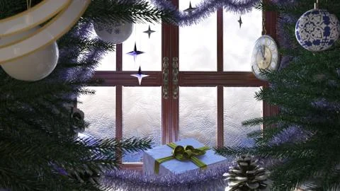 Christmas tree with gifts,window and clock concept composition Illustrazione stock