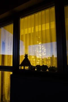 Christmas tree is glowing behind the window Stock Photos