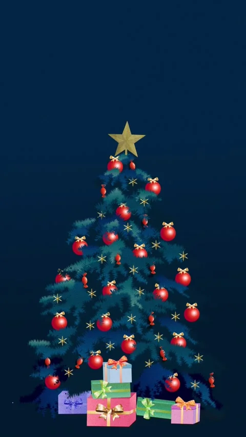 Christmas tree with glowing lights on a starry dark blue background Video stock 294591239