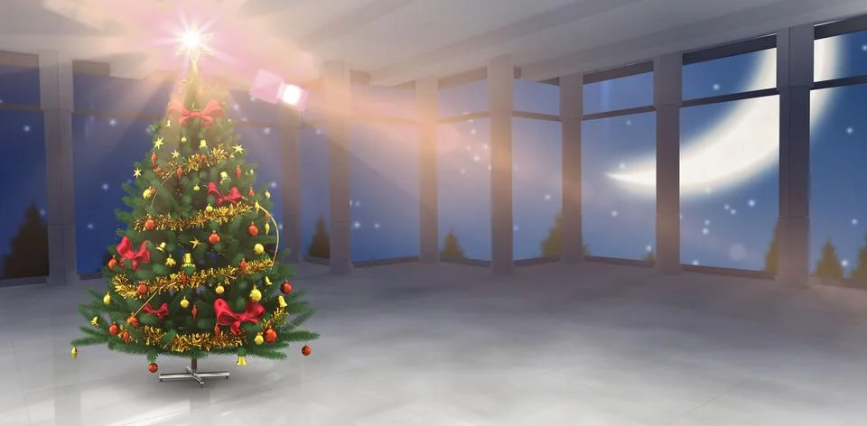 Christmas tree is glowing in vector hall with star topper and floor reflections Stock Illustration