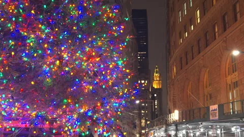 Christmas Tree glows among Lower Manhattan skyscraper at Bowling Green Park Video stock 298131759