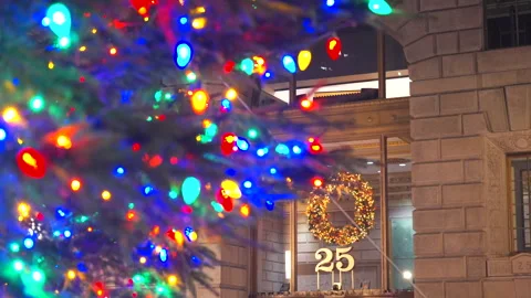 Christmas Tree glows among Lower Manhattan skyscraper at Bowling Green Park Stock Footage 298356036