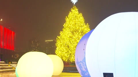 Christmas tree glows with moonGarden Installation at South Street Seaport in NYC Stock Footage 297315397