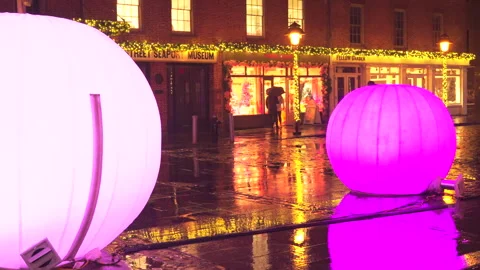Christmas tree glows with moonGarden Installation at South Street Seaport in NYC Stock-Footage 297320947