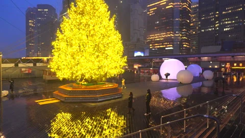Christmas tree glows with moonGarden Installation at South Street Seaport in NYC Stock-Footage 297435452