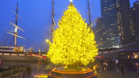 Christmas tree glows with moonGarden Installation at South Street Seaport in NYC Video stock 297435663